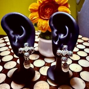 Gold, Silver and Diamond Stud Earrings - with Pearl Accent